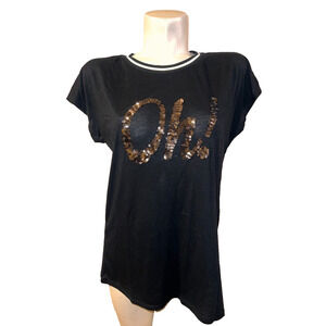 New I JEANS BY BUFFALO Top Women's Size M Black "OH!" Sequin SS Tee T-Shirt